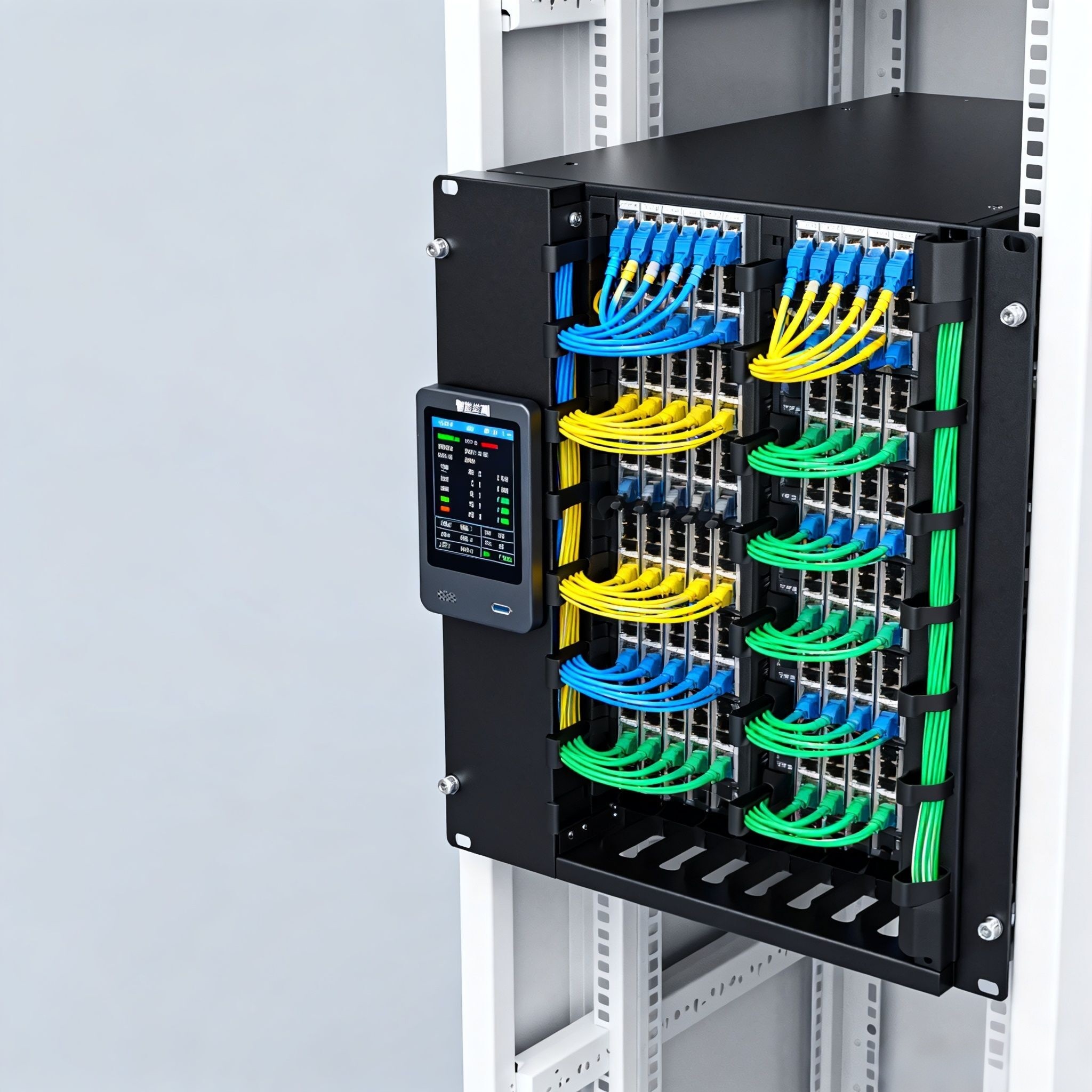 Close-up of the cool-toned computer room